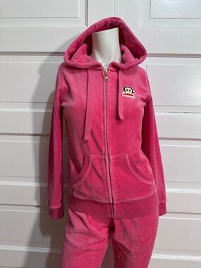 PAUL FRANK Velour Tracksuit Set Hoodie Pants Size M Pink Julius Embroidered